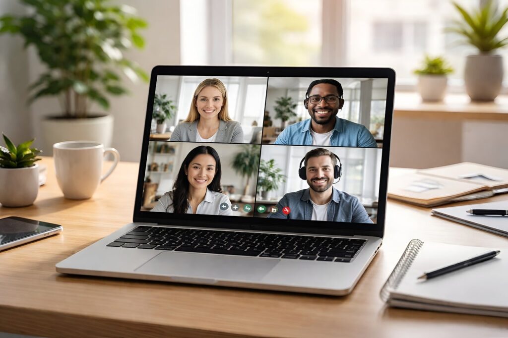 remote work, online meeting, team collaboration, video call, laptop screen, digital communication, home office, desk setup, multitasking, working remotely, communication, productivity, coworkers, technology, virtual solution, professional, corporate, desk plant, office work, video conferencing