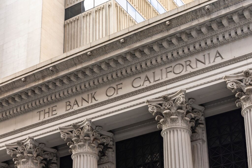 Close-up of Bank of California with classic architecture and columns.